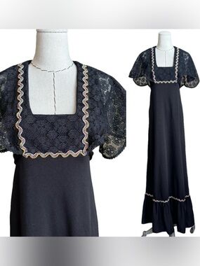 Vintage 70s Black Poly Maxi Dress Lace Sleeves Gunne Hippie Boho XS S